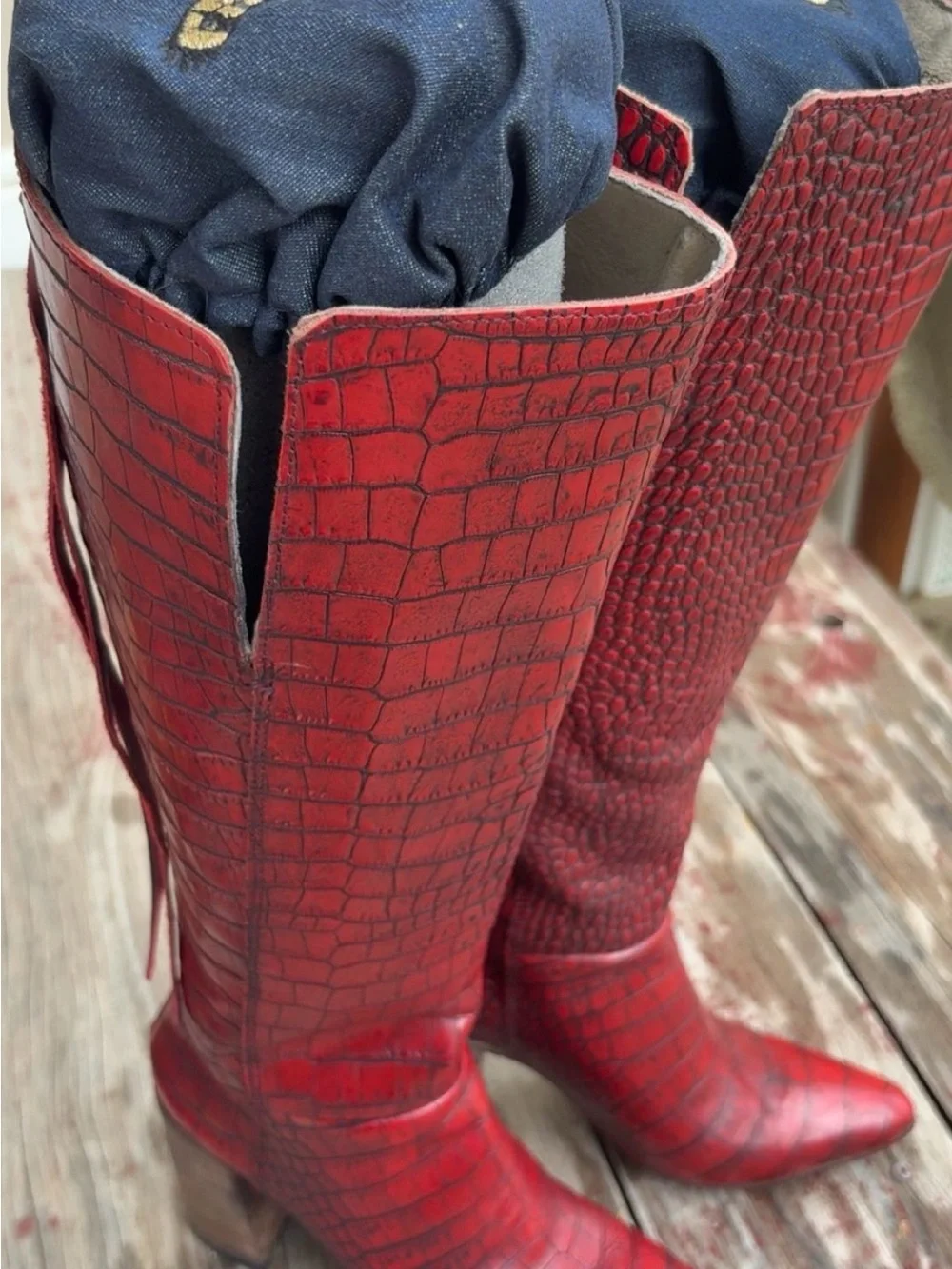 Women's Freebird Red Croc-Embossed Knee-High Boots Style: Jasper